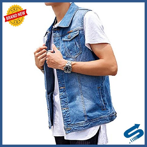 Men's Denim Vest Sleeveless Jacket Vintage Style Button Up Casual - Picture 3 of 6